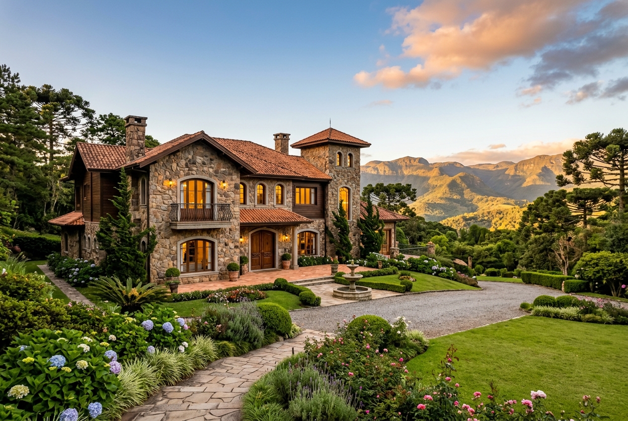 Bela casa com arquitetura colonial italiana em meio à natureza da Serra Gaúcha