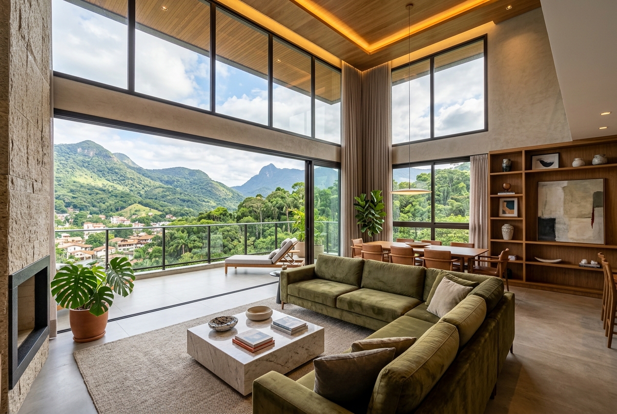 Interior elegante de apartamento premium com vista para a montanha